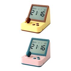 an alarm clock with two different designs on the front and back, both in pink and blue