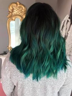 Black With Emerald Green Hair, Ombre Green Hair Color, Black Root Green Hair, Black To Dark Green Ombre Hair, Black And Green Balayage, Black To Emerald Green Hair, Emerald Balayage Hair, Forest Green Ombre Hair, Brunette Hair With Green Highlights