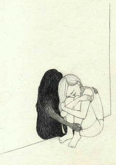 a drawing of two people hugging in front of a mirror with one holding the other's head