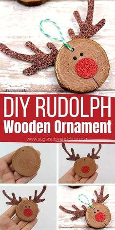 an ornament made out of wood is shown with the words diy rudolphh