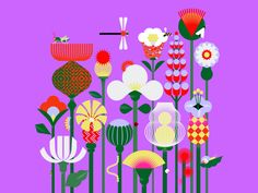 colorful flowers and plants on a purple background