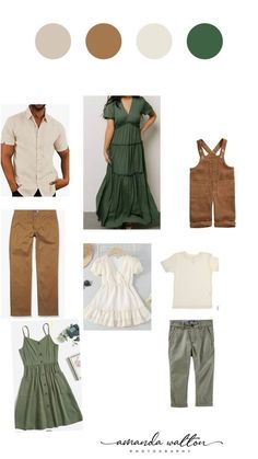 some clothes and shoes are arranged in a collage with the colors green, white, and brown