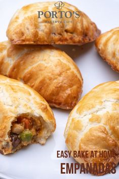 some tasty looking pastries on a white plate with the words easy bake at home empanada