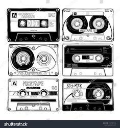 cassette tape recorders with different styles and sizes, hand drawn in black ink on white paper