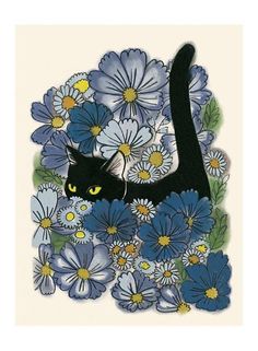 a black cat with yellow eyes is surrounded by blue and white flowers