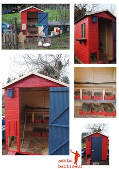 several pictures of the inside of a red and blue chicken coop with hay in it