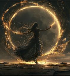 a woman in a long dress is dancing with fire and water around her, while the sun shines brightly behind her