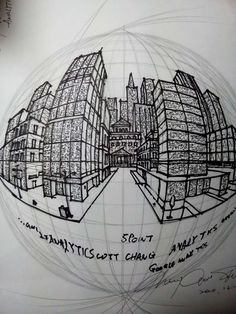 a drawing of some buildings on top of a white paper with writing underneath it that says,