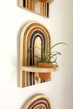 two wooden wall shelves with plants on them