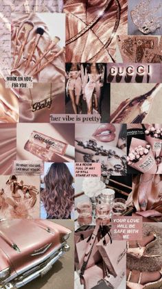 a collage of pink and gold items including shoes, lipstick, purses and other things