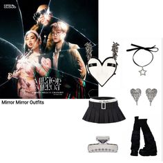 an assortment of clothing and accessories including boots, headbands, heart shaped brooch