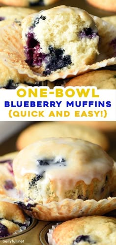 blueberry muffins with icing in a muffin pan and one is cut in half