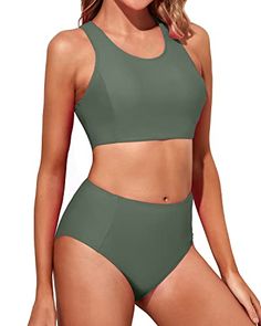 Swimwear Type: bikini Style: sporty, modest, athletic Fabric: 82% nylon, 18% spandex Top Type: sports bra Closure: pull on closure Neckline: scoop neck Back Style: high back Chest Pad: removable padded Color: army green Decoration: tummy control Waist: high waisted Bottom Style: high leg Garment Care: hand wash Sporty Swimsuits, Bathing Suit Tops, Athletic Fabric, Athletic Bikinis, Modest Bathing Suit, Revealing Swimsuits, Green Decoration, Swimsuits Sporty