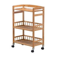 a wooden cart with three shelves on wheels