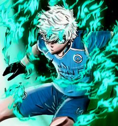 an anime character with white hair and blue pants is in front of green fire flames