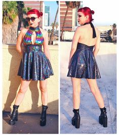 Keyhole Halter Dress, Holographic Black, Keyhole Dress, Dress Open Back, Rainbow Dress, Rave Wear, Festival Dress, Open Back, Halter Dress