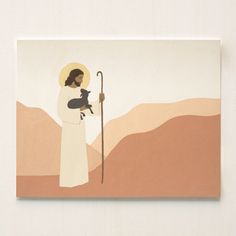 an image of jesus holding a cat in his arms with mountains in the back ground