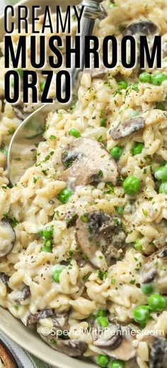 creamy mushroom orzo pasta with peas and mushrooms