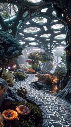 an artistic landscape with trees, rocks and lights