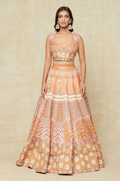 Orange lehenga with multi colored floral and geometric pattern embroidery. Comes with matching blouse and dupatta. - Aza Fashions Designer Orange Lehenga With Intricate Embroidery, Sleeveless Multicolor Embroidered Wedding Set, Aisha Rao, Geometric Pattern Embroidery, Orange Lehenga, Lehenga Pattern, Cutout Blouse, Embroidered Lehenga, Floral Squares