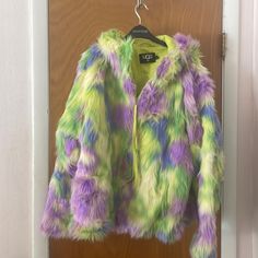 This Beautiful, Very Rare, New Fur Jacket With The Hood Has The Most Gorgeous Colors Of Lime Green, Purple And Blue. Never Been Worn But No Tags. Very Warm. You Will Stand Out. One Of A Kind. Colorful Faux Fur Coat, Ugg Jacket, Fur Hooded Jacket, Fur Hood Jacket, Snow Jacket, Faux Fur Coat, Womens Uggs, Fur Jacket, Green And Purple