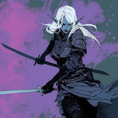 a woman with white hair holding two swords in front of a purple sky and clouds