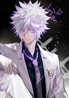 an anime character with white hair wearing a purple suit and tie, standing in front of a black background