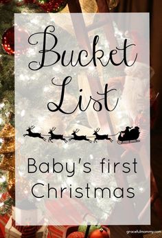 a baby's first christmas bucket list with santa sleigh and gifts under the tree