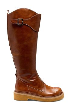 A decorative strap echos the undulating topline of this equestrian-inspired boot that's grounded on a flexible crepe sole. 1 3/4" heel 15" shaft Side zip closure Leather upper/synthetic lining/rubber sole Imported Brown Wide Calf Knee-high Boots For Riding, Brown Wide Calf Boots For Riding, Classic Brown Knee-high Riding Boots, Classic Brown Knee-high Moto Boots, Classic Brown Knee-high Boots For Riding, Brown Riding Boots With Leather Footbed, Brown Wide Calf Moto Boots With Leather Sole, Brown Leather Knee-high Riding Boots, Brown Wide Calf Knee-high Boots With Leather Sole