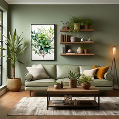 a living room with green walls and plants on the shelf above the couch is a coffee table