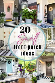 the front porch is decorated with flowers and potted plants, including an umbrella that says 20 small front porch ideas