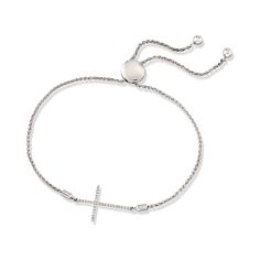 Ross-Simons - .10 ct. t. w. Diamond Sideways Cross Bolo Bracelet in Sterling Silver. Delicate, meaningful and right on trend. This simple sideways cross shines with .10 ct. t. w. diamonds on a polished sterling silver wheat chain bolo bracelet. Adjusts to fit most wrists and finishes with 3.8mm beads. Diamond sideways cross bolo bracelet. Diamond birthstones are the perfect gift for April birthdays. Adjustable White Gold Cross Jewelry, Bolo Bracelet, Bracelet Diamond, 8mm Beads, Diamond Birthstone, Stone Cuts, Gemstone Bracelets, Diamond Stone, Womens Bracelets