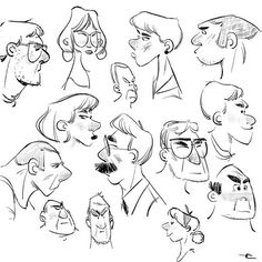 a bunch of cartoon faces drawn by hand in black and white, each with different facial expressions