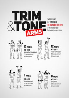 the poster shows how to do an arm press and tone arms with dumbbells