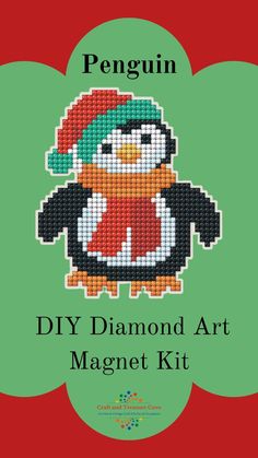 Penguin Diamond Painting Beginner Magnet Kit. Makes 1 Size - 3.7" x 4.2" Kit contents: - Pre-cut binder's board with printed color chart on it - Re-usable zip lock bags with presorted square sparkles - Stylus, dry glue pad, magnet tape, craft tray - instructions Suitable for ages 7+ or younger with adult supervision.