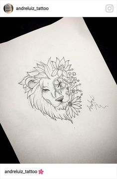 a drawing of a lion with flowers on it's head