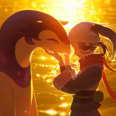 two animated women standing next to each other in front of the sun with their faces close together