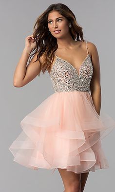 Shop beaded-bodice sparkly homecoming dresses at Simply Dresses. Short semi-formal party dresses with illusion insets, v-necklines, corset backs, and tiered tulle skirts with horsehair hems. Homecoming Dresses Sparkly, Tiered Tulle Skirt, Dama Dresses, Pink Homecoming Dress, Formal Party Dress, Sweet 16 Dresses