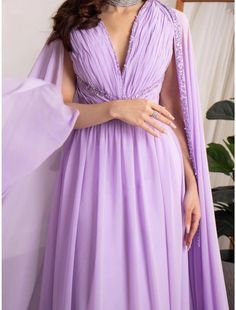 A-Line Evening Gown Elegant Dress Formal Fall Court Train Long Sleeve V Neck Chiffon with Pleats Sequin Elegant Lavender Evening Dress For Banquet, V-neck Chiffon Prom Dress In Georgette, V-neck Chiffon Gown For Banquet, Elegant Lavender Dresses For Banquet, Spring Purple Maxi Dress For Banquet, Elegant Purple Chiffon Evening Dress, Purple Chiffon Evening Dress, Purple Chiffon Prom Dress, V-neck Georgette Prom Dress