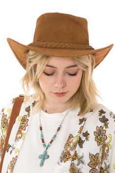 Tan leather cowboy hat, Hat with braided hat band, Aussie style bush hat, Unisex cowboy hat, Rodeo accessory, Western wear Western Fedora With Braided Flat Brim, Western Braided Fedora Hats, Braided Western Fedora Hats, Western Style Fedora With Short Brim And Braided Detail, Western Braided Fedora With Short Brim, Western Braided Hat Bands For Rodeo, Western Braided Hat Band For Ranch, Braided Western Hat Bands For Rodeo, Brown Fedora For Ranch