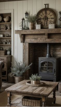 a living room filled with furniture and a fire place in front of a wooden burning stove