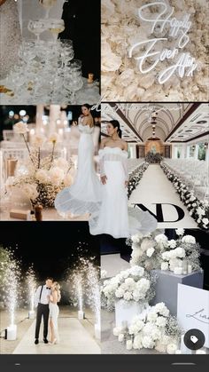 a collage of wedding photos with white flowers and candles on the floor, bride and groom standing next to each other