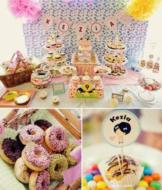 an assortment of desserts and sweets displayed at a birthday party