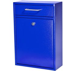 a blue file cabinet with one drawer open