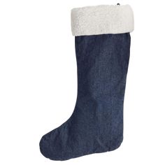 a blue christmas stocking with white fur lined inside and bottom, on a white background