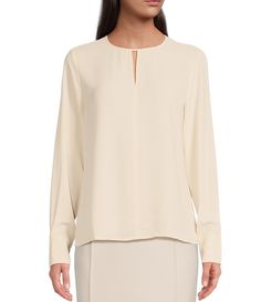 From Anne Klein&#x2C; this blouse features:round neckline with keyhole long sleevespullover construction approx. 25" length polyester dry clean Imported. Elegant Long Sleeve Crew Neck Top For Work, Solid Crew Neck Blouse For Work, Classic Crew Neck Blouse For Work, Anne White, Dillard's, Anne Klein, Long Sleeve Pullover, American Style, Womens Clothing Tops