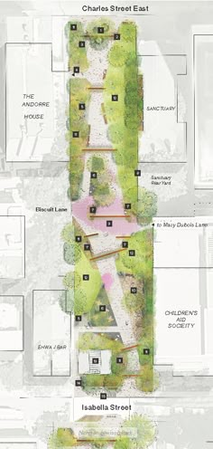 the plans for an urban park with lots of trees and bushes on each side of the street