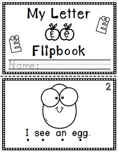 two bookmarks with the words, i see an egg and my letter e flipbook