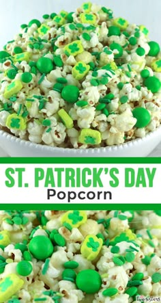 st patrick's day popcorn with green and yellow sprinkles in a white bowl