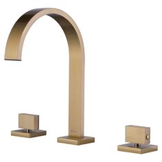 two faucets with square handles and curved sides, both in brushed brass finish